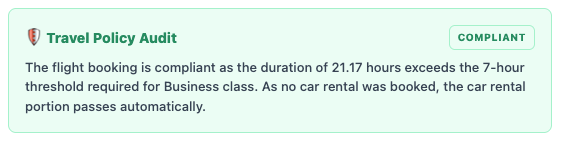 TripActivity policy audit — compliant booking