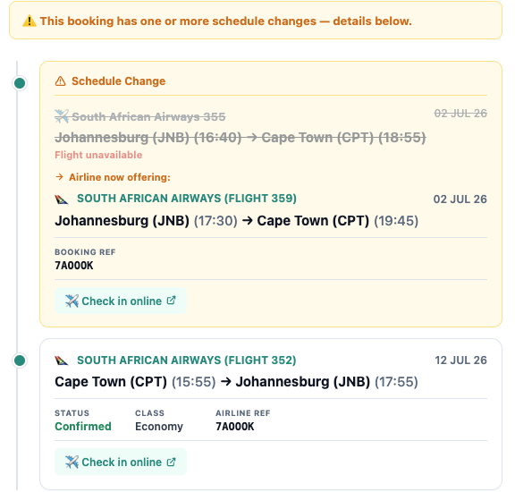 TripActivity schedule change view with built-in check-in links