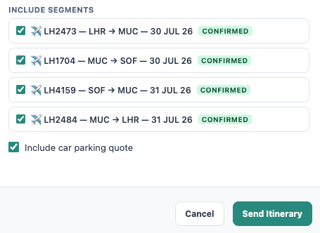Arranger including a pre-calculated airport parking quote on the itinerary send