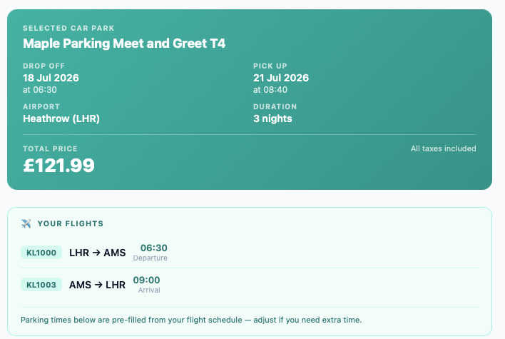 Airport parking booking screen with trip-relevant options and calculated pricing