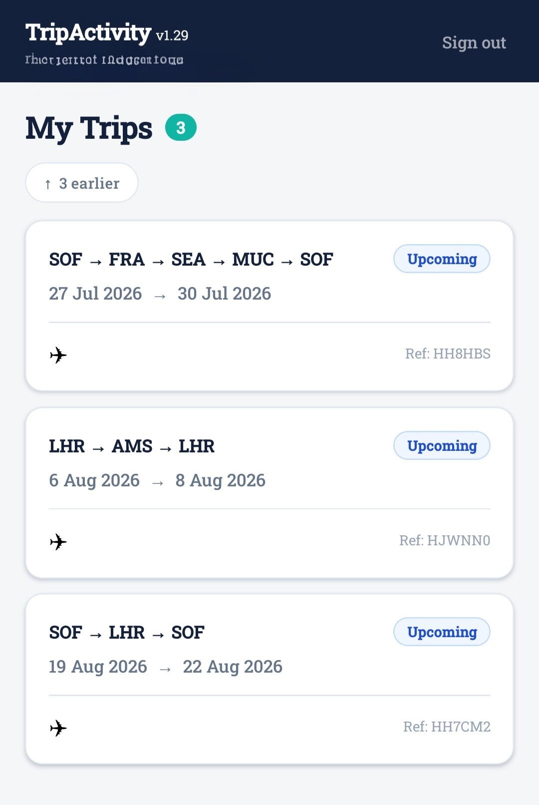 TripActivity traveller app — full stitched itinerary on mobile